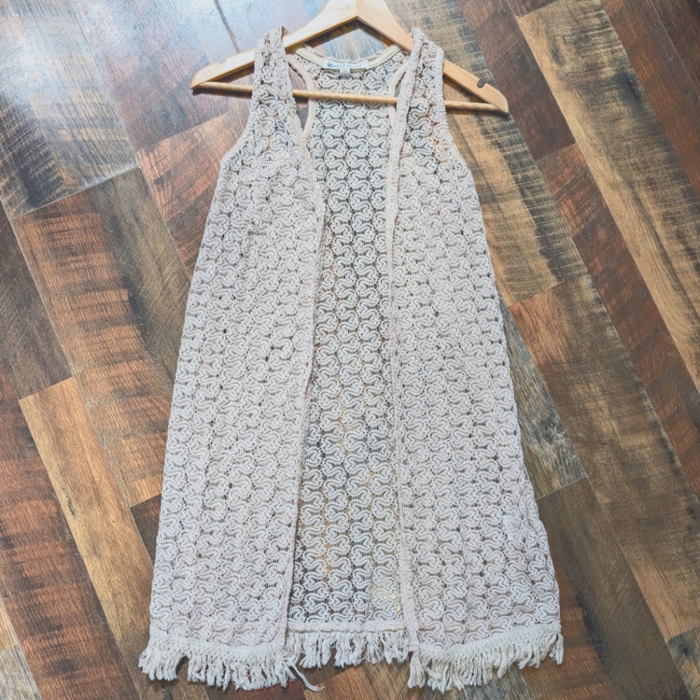 Boho Beige Wallflower Crochet Sleeveless Cardigan With Fringe, Size Medium
